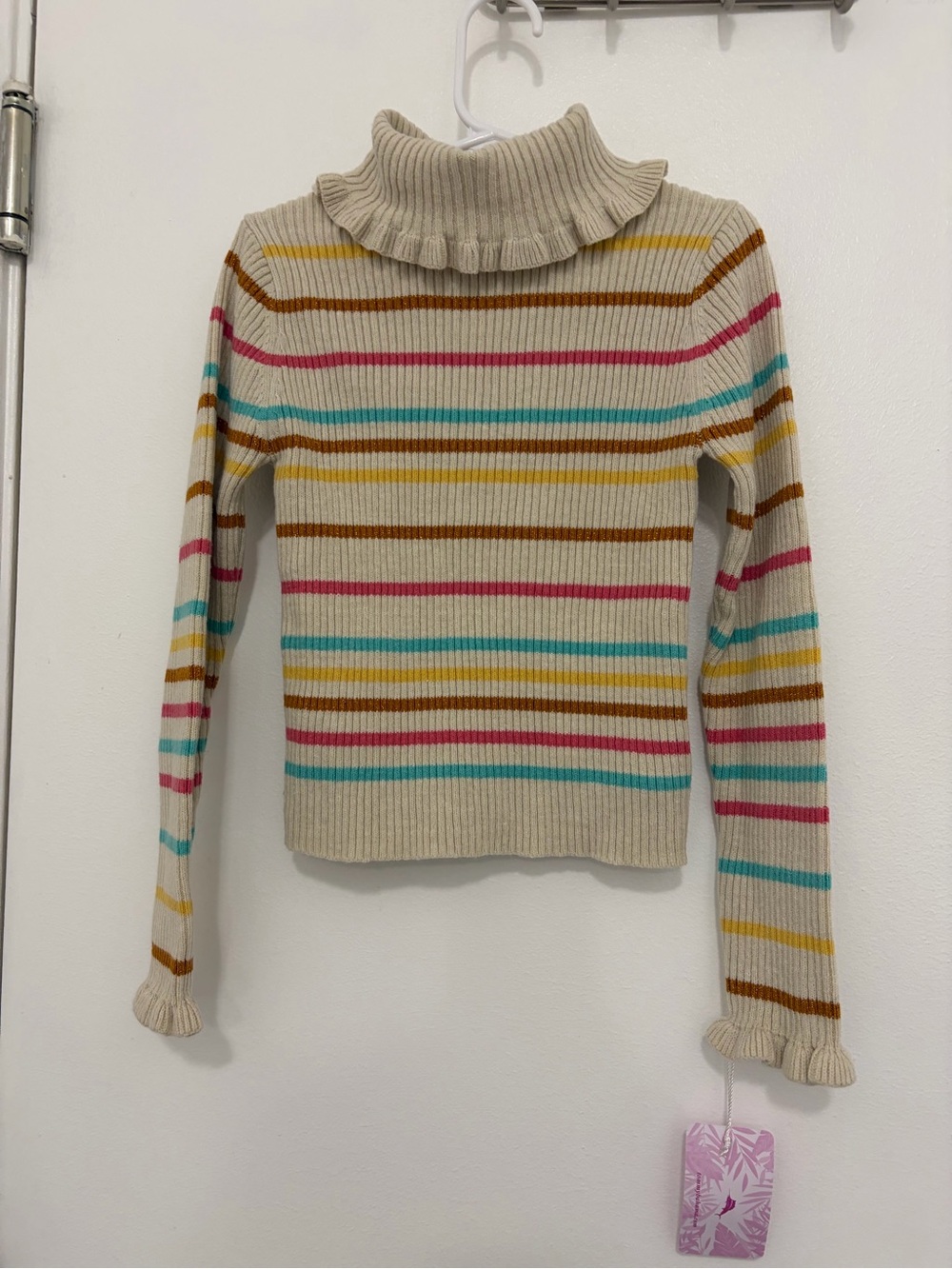 Tommy Bahama Cream Ruffled Turtleneck Sweater with Multicolor Stripes
